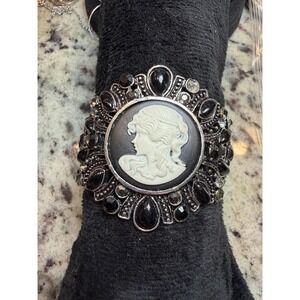 Vintage Gothic Cameo Wide Cuff Bracelet Black Rhinestones Victorian Style